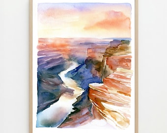 Könnte beinhalten: Ein gerahmtes Aquarellbild, das eine Canyon-Landschaft mit einem gewundenen Fluss am Grund zeigt. Die Szene zeigt geschichtete Felsformationen in Orange-, Rot- und Dunkelblautönen vor einem sanften Farbverlaufshimmel in Hellgelb und Violett.