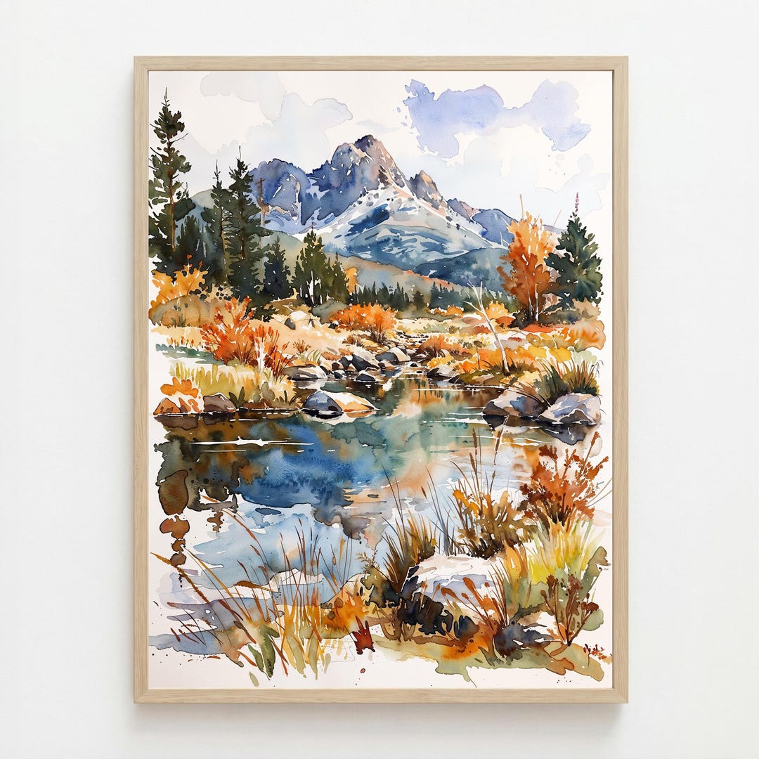 Rocky Mountain Autumn Watercolor Print | Colorado Stream Wall Art ...