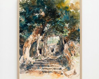 Angkor Wat Watercolor Print: Cambodia Temple Wall Art