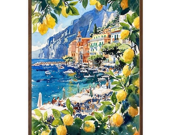 Sorrento Italy Lemon Grove Watercolor Painting: Coastal Village Wall Art