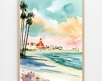 Hotel del Coronado Watercolor Print: Coronado Beach California Wall Art