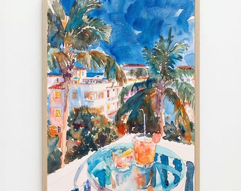 Miami Terrace Watercolor Print: Tropical Cocktail Wall Art