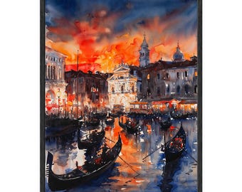 Venice Gondola Watercolor Print: Grand Canal Sunset Wall Art