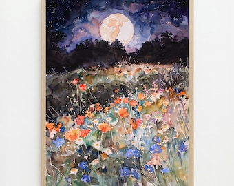 Moonlit Wildflower Meadow Watercolor Print: Night Garden Wall Art