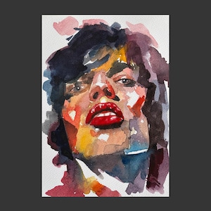 Mick Jagger Piccolo dipinto ad acquerello su carta - The Rolling Stones - Ritratto colorato di una rock star - Opera d'arte originale dipinta a mano, idea regalo