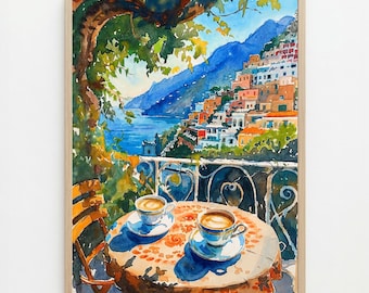 Amalfi Coast Watercolor Print: Italian Terrace Coffee Wall Art