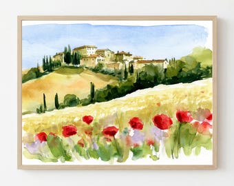 Aquarelle de fleurs sauvages dans un village perché de Toscane : Paysage d'Italie