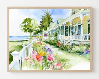 Mackinac Island Watercolor Print: Victorian Cottages Landscape Wall Art