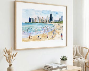 North Avenue Beach Watercolor Print: Chicago Skyline Landscape Wall Art