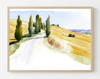 Tuscany Cypress Road Watercolor Print: Italian Landscape Wall Art