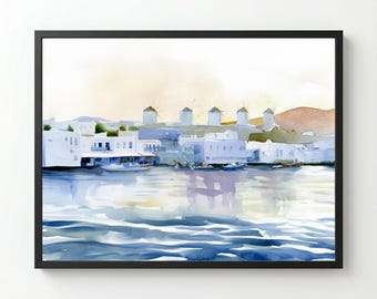 Mykonos Windmills Watercolor Print: Greece Travel Landscape Wall Art