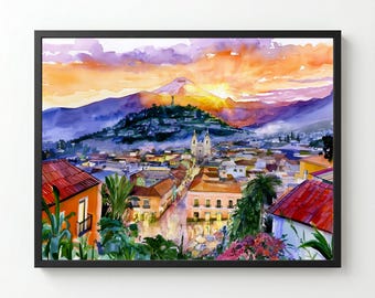 Quito Ecuador Watercolor Print: Cotopaxi Sunset Landscape Wall Art