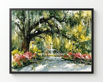 Forsyth Park Watercolor Painting: Savannah Georgia Landscape Wall Art