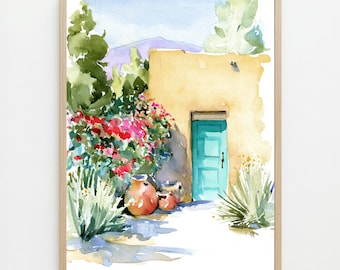 Santa Fe Courtyard Watercolor Print: New Mexico Southwest Wall Art
