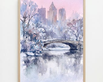 Central Park Winter Watercolor Painting: NYC Bow Bridge Wall Art