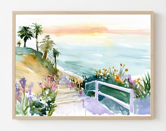 Laguna Beach Sunset Watercolor Print: California Coast Landscape Wall Art