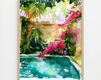 Bali Pool Courtyard Watercolor Print: Bougainvillea Tropical Wall Art
