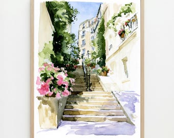 Aquarelle représentant l'escalier de Montmartre : Décoration murale de voyage à Paris, France