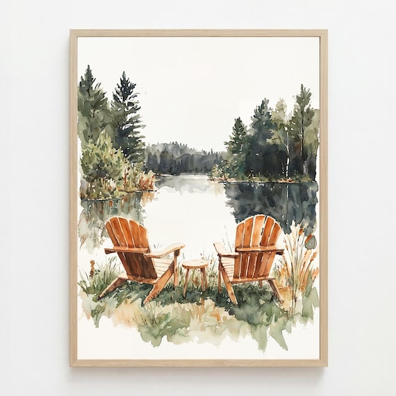Lake Cabin Watercolor Print | Adirondack Chairs Art | Pine Forest Lakeside Scene | Peaceful Retreat Decor