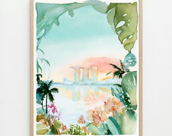 Aquarelle de Marina Bay : Décoration murale de voyage à Singapour