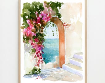 Aquarelle de bougainvillées de Positano : Décoration murale de la côte amalfitaine