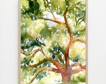Southern Oak Watercolor Print: Sunlit Tree Landscape Wall Art