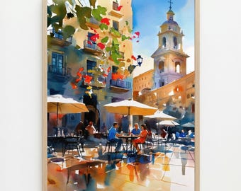Barcelona Gothic Quarter Watercolor Print: Cathedral Plaza Wall Art