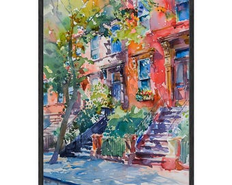 New York Watercolor Painting: Brooklyn Brownstone Wall Art