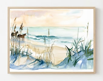 Aquarelle représentant des chevaux sauvages des Outer Banks : Paysage de plage côtière