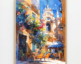 Barcelona Cathedral Watercolor Print: Gothic Quarter Wall Art