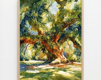 May include: A watercolor painting of a large, sprawling tree with a thick, textured trunk and expansive branches. The foliage is rendered in shades of deep green, yellow, and brown, with dappled light filtering through the leaves onto the ground.