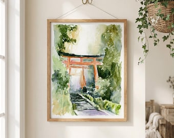 Fushimi Inari Watercolor Print: Japan Torii Gate Path Wall Art