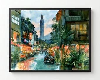 Taipei 101 Street Scene Watercolor Print: Taiwan Travel Wall Art
