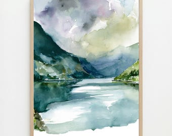 Aquarelle représentant un fjord norvégien : un paysage scandinave à accrocher au mur
