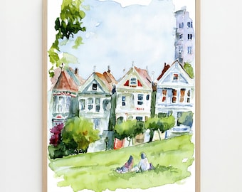 Estampe aquarelle « Painted Ladies » : Décoration murale de la place Alamo à San Francisco