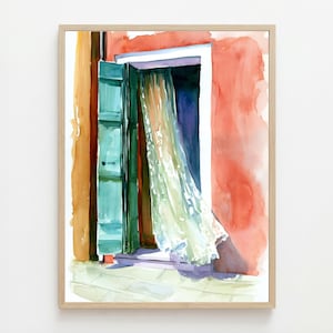 May include: A watercolor painting depicting an open doorway with teal green shutters against a vibrant coral-colored wall. A sheer, light-colored curtain hangs inside the dark doorway, blowing slightly. The ground is rendered in pale, neutral tones.
