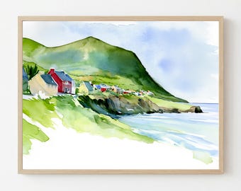 Ireland Coast Village Watercolor Print: Irish Cliffside Landscape Wall Art