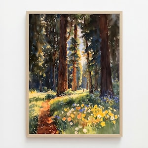May include: Watercolor painting of a sunlit forest scene. Tall, dark brown trees frame a path leading into the distance. Yellow, orange, and blue wildflowers dot the grassy foreground. The artwork is framed in a light wood.