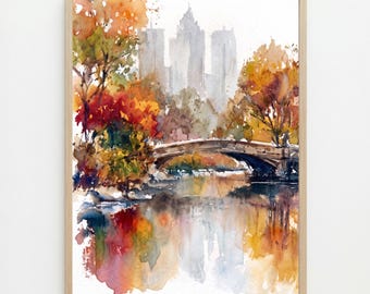 Central Park Bow Bridge Watercolor Painting: Autumn NYC Wall Art