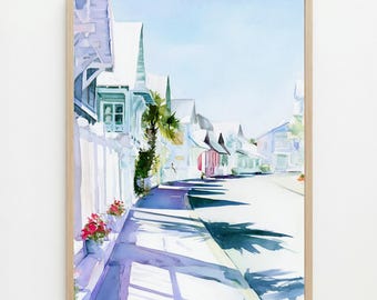 Aquarelle représentant une rue côtière de Floride : Art mural pour ville côtière