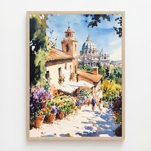 Rome Romantic Walking Print, Italian Honeymoon Gift, Vatican Garden View, Couple Walking Art, Floral Street Watercolor, Summer Poster