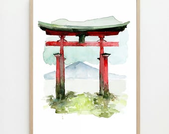 Estampe aquarelle de la porte Torii : Mont Fuji, Japon