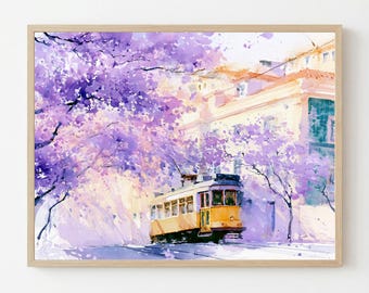 Lisbon Tram Jacaranda Watercolor Print: Portugal Travel Landscape Wall Art