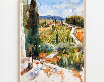 Tuscany Vineyard Watercolor Print: Italian Countryside Wall Art