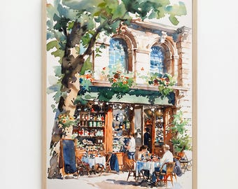 French Sidewalk Bistro Watercolor Print | Parisian Cafe Art