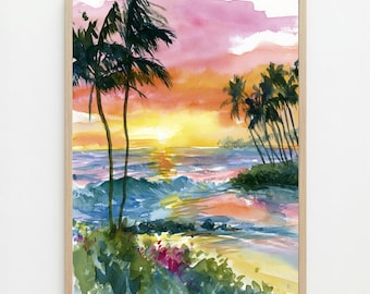 Kauai Sunset Watercolor Print: Hawaii Tropical Beach Wall Art