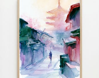 Kyoto Pagoda Street Watercolor Print: Japan Travel Wall Art
