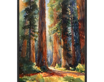California Redwoods Watercolor Print: Forest Landscape Wall Art