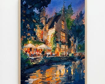 Bruges Canal Watercolor Print: Belgium Medieval Wall Art