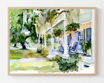 Beaufort Porch Watercolor Print: Southern Home Landscape Wall Art